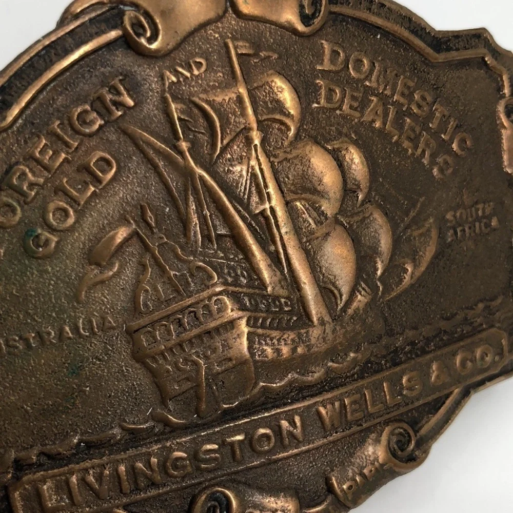 Livingston Wells & Co. Foreign Gold Domestic Dealers Brass Belt Buckle Nautical